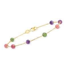 Ross-Simons - 3.10ct t. w. Multicolored Tourmaline, .80ct t. w. Amethyst Bead Station Bracelet. 8". Experience 18kt gold...in color! From Italy, our vibrant bracelet stations a chromatic array of 3.10 ct. t. w. round multicolored tourmaline beads alongside .80 ct. t. w. round amethyst beads. Finely crafted in polished 18kt yellow gold on a classic cable chain. Lobster clasp, amethyst and multicolored tourmaline bead bracelet. Amethyst birthstones are the perfect gift for February birthdays. Elegant Multicolor Faceted Beaded Bracelets, Elegant Multicolor Faceted Beads Bracelets, Elegant Multicolor Bracelets With Faceted Beads, Elegant Faceted Gemstone Beads, Elegant Purple Faceted Beads Gemstones, Elegant Multicolor Polished Gemstone Beads, Yellow Gold Multi-stone Round Bead Jewelry, Yellow Gold Jewelry With Multi-stone Round Beads, Elegant Multicolor Faceted Beads Gemstones