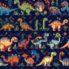 an image of dinosaurs pixelated in the dark blue background, with different colors and sizes