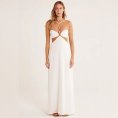 Relaxed Maxi Skirt With Fitted Bandeau Bra And Exposed Back, Featuring 3 Gold Rings At Neck And Adjustable Straps. Fully Lined. White Cutout Beach Dress, Elegant Beach Dress With Cutout Details, Elegant Cutout Dresses For Vacation, Elegant Beach Dress With Cutout, White Cutout Maxi Dress For Beach, White Cutout Maxi Dress For Vacation, White Cutout Maxi Dress For Summer, Summer White Cutout Maxi Dress, White Backless Dress For Brunch