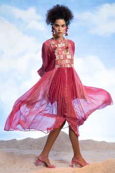 Pink chanderi silk gathered dress with tie-dye print. Comes with an inner.
Components: 2
Pattern: Printed
Type Of Work: Tie-Dye
Neckline: Band collar
Sleeve Type: Three quarter
Fabric: Chanderi silk
Color: Pink
Other Details: 
Closure : Dress - Front buttons
Note : Earrings worn by the model are not for sale.
Occasion: Work - Aza Fashions Pink Silk Bohemian Midi Dress, Summer Silk Anarkali Dress, Bohemian Pink Chanderi Dress, Silk Anarkali Summer Dress, Multicolor Bohemian Chanderi Dress, Multicolor Chanderi Bohemian Dresses, Bohemian Multicolor Chanderi Dress, Pink Chanderi Dress For Spring, Spring Multicolor Chanderi Dress