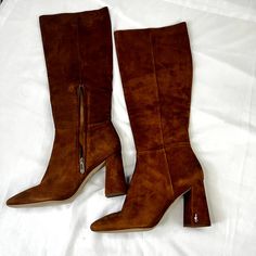 100% Leather Man Made Sole Sam Edelman Fashion Boot 100% Leather Knee High Boot Zipper Closure Providing Easy Wearability. Heel Height: 3.25 Inches Closed Toe Boots For Workwear In Fall, Suede Knee-high Boots With Round Toe, Brown Snip Toe Boots For Office, Medium Width Suede Knee-high Boots With Round Toe, Fall Suede Knee-high Boots With Leather Sole, Brown Suede Heeled Boots With Wide Calf, Brown Suede Wide Calf Heeled Boots, Leather Knee-high Boots With Suede Lining For Fall, Suede Round Toe Boots For Office