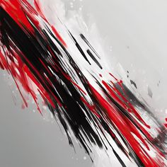 an abstract painting with red and black paint streaks on the side of it, against a gray background