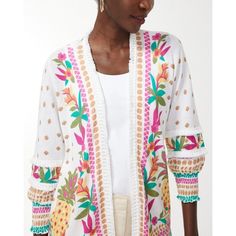 Nwt Chico's Summer Romance Tropical Tassel Cardigan Alabaster Multi Color Size 4 Xxl Open 3/4 Sleeves New With Tags. Retail Price: $129 Style: Beachy, Vacation, Resortwear, Cruise, Tropical, Colorful, Maximalist, Luau, Summer Party Dressing Up Your Seasonal Style Is So Simple With Our Summer Romance Tropical Tassel Hem Cardigan. This 3/4 Quarter Sleeve Open Neck Top Layer Is Made From Cotton-Blend Fabric That You'll Find Is The Perfect Weight For The Summer Months. Plus, The Tassel Trim Details White Relaxed Fit Cardigan For Spring, White Fall Cardigan For Vacation, White Winter Vacation Cardigan, White Spring Outerwear With Tassels, White Relaxed Fit Summer Cardigan, White Relaxed Fit Cardigan For Summer, White Tasseled Outerwear For Spring, Summer Cotton Cardigan With 3/4 Sleeves, Spring Beach Outerwear With 3/4 Sleeves