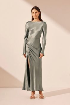 La Lune Flared Sleeve Side Split Midi Dress | Sage | Dresses | Shona Joy – Shona Joy International Wedding Guest Dresses Long, Sage Dresses, Dress Sage, Sage Dress, Formal Tops, Shona Joy, Runway Dresses, Midi Length Skirts, Gathered Skirt