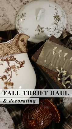 there are many vases on the table with pictures in front of them that say, fall thrift haul & decorating