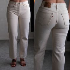 *FREE DOMESTIC SHIPPING Awesome vintage 80s Levis off white natural canvas cotton jeans. These jeans look to be unworn deadstock and absolutely timeless in a unique natural canvas pallet. Made in USA. Please refer to measurements below. <> Designer: Levis <> Made in USA <> 100% Cotton <> Size: Please refer to below measurements ( model wears 4-6, stands 5'8" ) <> Measurements: laying flat from left to right. *NOTE compare rise to where it will sit at your waist for accurate modern fit.      wais Button Fly Levis, Vintage Cotton Bottoms For Everyday, White Retro Jeans With Relaxed Fit, White Relaxed Fit Retro Jeans, White Retro Relaxed Fit Jeans, Classic Cream Cotton Jeans, Fitted Cream Cotton Jeans, Vintage Straight Leg Beige Jeans, Vintage Cream Straight Leg Bottoms