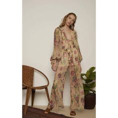 Garden Party Florals. Muted florals cover sheer wide leg pants. Elasticized drawstring waist. Pull-on style. Waist slant pockets. Wide leg silhouette. Partially lined. Sheer. Rise, about 12". Inseam, about 30". Silk. Dry clean. Silk Pant, Boho Pants, Wide Leg Pant, Silk Pants, Pantalon Large, Front Tie Top, Sleeveless Maxi Dress, Moda Operandi, Garden Party