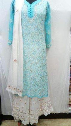 FashionVibes Salwar Suit SkyBlue and White Georgette Chikankari Sharara Suit New Kurti, Long Gowns, Kurti Designs Latest