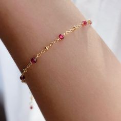 "* DETAILS* This dainty bracelet is a perfect gift to the one you love or to yourself. A nice every day bracelet. - Garnet Faceted Beads 3mm - 14k Gold Filled Chain - 14K GOLD FILLED Wire - 14k Gold Filled Spring Ring Clasp - 14k Gold Filled Link Rings - Bracelet has a 1\" Extension with garnet bead charm. ✨All components are gold filled. 👉🏻For more birthstone bracelets, see https://www.etsy.com/shop/JinnysJewelryBySeJin You may also like 🌟Sapphire Bracelet. https://www.etsy.com/JinnysJewelry Dainty Jewelry Bracelets, Jewelry Goals, Carnelian Bracelet, Emerald Bracelet, Birthday Gift For Women, Emerald Bead, Birthstone Bracelet, Dainty Bracelet, January Birthstone