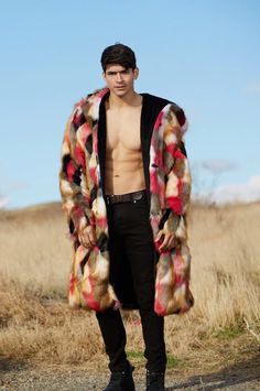 Burning Man hooded faux fur playa coats for men | Furrocious Furr pink black white Desert Warrior, Festival Coats, Cape Coat, Cold Weather Outfits, Warm Blankets, Minky Fabric, Burning Man, Faux Fur Coat, Festival Outfit