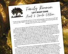 an advertisement for the family reunion left right game auction and under editor, with trees in the background