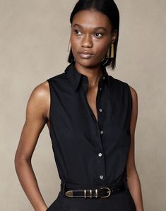 Chic Sleeveless Cotton Shirt, Cotton Sleeveless Blouse For Work, Sleeveless Cotton Shirt For Daywear, Classic Sleeveless Summer Shirt, Elegant Sleeveless Shirt For Workwear, Elegant Sleeveless Shirt For Summer, Elegant Sleeveless Summer Shirt, Classic Sleeveless Top For Daywear, Classic Cotton Tank Top For Work