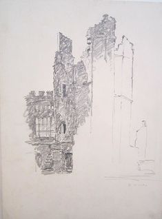 a drawing of two buildings in the background