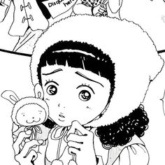 a black and white drawing of a girl holding a teddy bear