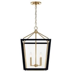 a brass and black hanging light fixture with two lights on each side, in an octagonal shape