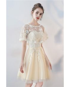 Champagne Aline Tulle Short Party Dress with Lace Cape Sleeves #BLS86063 - GemGrace.com Cream A-line Evening Dress For Party, Summer Mini Length Evening Dress For Banquet, Summer Mini Evening Dress For Banquet, Summer Banquet Mini Evening Dress, Summer Prom Lace Dress With Short Sleeves, Cream A-line Prom Dress, Short Sleeve Lace Dress For Summer Prom, Summer Lace Dress With Short Sleeves For Prom, Short Sleeve Mini Dress For Wedding Party Season