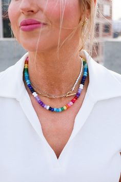 Add a pop of color to your outfit with our Rainbow Necklace Luxe! This on trend necklace stack features vibrant gemstones, making it a best seller with five stars. Stand out and be the envy of others with this playful and stylish piece. Product Details: 16" lobster claw 2" extender Trend Necklace, Necklace Stack, Rainbow Necklace, Colorful Accessories, Five Star, Lobster Claw, Best Seller, Color Pop, Rainbow