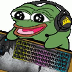 a cartoon frog with headphones holding a computer keyboard