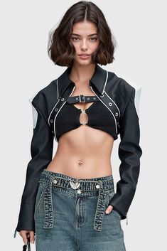 This long sleeve leather jacket is made of PU leather and is detailed with metal buckles at the front for an edgy look. Sleek padded and dropped shoulders provide a snug fit, while the extra-short silhouette ensures a versatile style.Fabric: PU Leather Edgy Look, Versatile Style, Metal Buckles, Black Long Sleeve, Snug Fit, Pu Leather, Leather Jacket, Buckle, Sleek