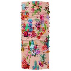 a pink neck gaiter with colorful flowers and pineapples on the front,