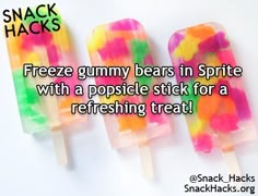 three popsicle sticks with gummy bears in them and the caption reads, freeze gummy bears in spirite with a popsicle stick for a refreshing treat