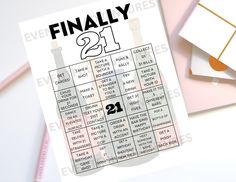 a printable calendar with the numbers 21 and twenty on it, next to some stationery items