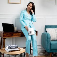 "PRODUCT DETAILS: Look empowered in this sly blue pant suit and enhance your charisma in those important meetings. Exhibit your styling prowess by picking this sky blue pant suit for women that will never fail to please. Crafted from Poly Viscoso fabric, it is breathable, soft and wrinkle-free. SIZE : Model Height is 5'7\" and is wearing size Small MATERIAL & CARE :  Made in Polyester and Cotton blend Fabric with anti wrinkle property Wash : Dry Clean Recommended 🍄 SIMILAR PRODUCT: https://www. Pant Suit Plus Size, Wedding Pant Suit, Tailored Suit Women, Pant Suit For Women, Plus Size Pant Suits, Formal Pant Suits, Wedding Pants, Pant Suits For Women, Dress Pant Suit