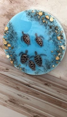 a blue plate with sea turtles on it