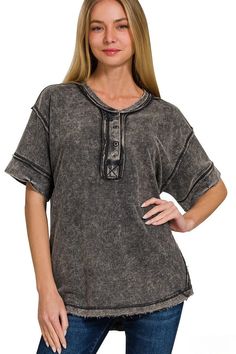 Zenana Raw Edge Detailed Button Closure Scoop Neck Top – jfybrand Black Relaxed Fit Top With Frayed Hem, Everyday Distressed Black Tops, Everyday Black Distressed Top, Black Distressed Top For Everyday, Black Tops With Frayed Hem For Spring, Black Washed Tops For Spring, Washed Black Button-up Top For Spring, Black Washed Top For Everyday, Spring Black Washed Tops