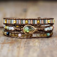 Mystic Labradorite Beaded Wrap Bracelet - Moon Dance Charms Healing Rocks, Turquoise Wrap Bracelet, Wrap Armband, Mala Beads Bracelet, Beaded Leather Wraps, Treasure Jewelry, Tree Of Life Bracelet, Bracelet Stone, Amazonite Bracelet