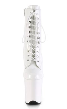 Introducing the Pleaser Flamingo-1020 White Patent Ankle Boots - the perfect addition to any daring outfit! These boots are made from high-quality PVC material that will make you stand out from the crowd. Featuring a lace-up front and inner side zip, these ankle boots are not only stylish but also comfortable to wear. The 8-inch (200mm) stiletto heel and 4-inch (100mm) platform will give you the height you need to stand tall and confident! HEEL/PLATFORM : 8" Heel, 4" PFFIT GUIDE : True to sizeVE Fitted Platform Lace-up Ankle Boots, Fitted High-top Platform Boots With Reinforced Heel, Party Platform Lace-up Boots, White High Ankle Lace-up Boots With Platform, Fitted Lace-up Boots With Lacing, Fitted High-top Lace-up Boots With Reinforced Heel, Fitted White Platform Ankle Boots, Fitted White Ankle Platform Boots, Trendy White Boots With Laces