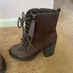 Trendy And Edgy Blend Compat Boots. 3 3/4” Heel. Never Worn. Smoke Free Home Shoes Combat Boots, Soda Shoes, Lace Up Boots, Shoe Laces, Combat Boots, Lace Up, Women Shoes, Boots, Heels