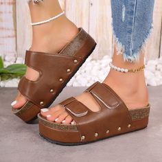 PU Leather Studded Platform Sandals - Sydney So Sweet Beach Slippers, Brown Sandals, Lace Up Heels, Brown Beige, Low Heels, Platform Sandals, Bootie Boots, Pu Leather, Heel Height