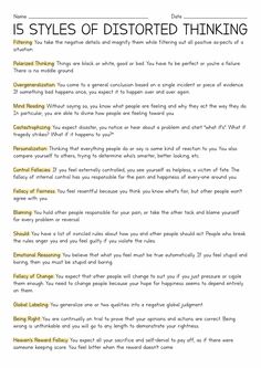 15 Styles of Distorted Thinking Unhealthy Thinking Styles, Cognitive Distortions List, Distress Tolerance Activities, Intrusive Thinking, Dialectical Thinking, Distorted Thinking, Cognitive Distortions Worksheet, Child Therapy Activities, Thinking Errors