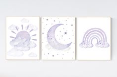 three watercolor paintings with clouds, stars and a rainbow