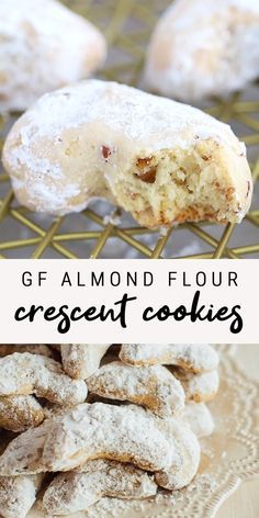 gf almond flour crescent cookies on a cooling rack with text overlay that reads gf almond flour crescent cookies