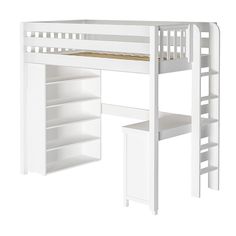 a white loft bed with desk underneath it and shelving unit below the bed for storage