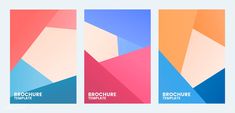 three vertical brochure covers with different colors and shapes on the same page, each featuring an abstract geometric design