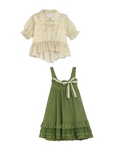 Forest Style Leaf Lace Ruffles Bowknot Sweet Retro Doll Classic Lolita Green Suspender Dress Short Sleeves Shirt Set Dollcore Outfits, Twee Style, Green Suspenders, Short Frock, Clothes Reference, Short Sleeves Shirt, Forest Style, Classic Lolita, Suspender Dress