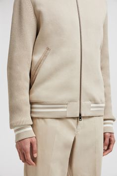 Crafted from cotton, this cardigan is enhanced with a down-filled nylon back. The lightweight style comes in a bomber shape, complete with a striped knit trim. Cardigans For Men, Personalized Jacket, Jacket Cape, Father's Day Specials, Cardigan Beige, Beige Cardigan, Ski Pants, Shell Jacket, Sweatshirt Dress