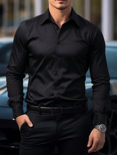 Men's Button-Down Long-Sleeved Slim Fit Business Mature Style Trendy Charm Shirt Black Work  Long Sleeve Polyester Plain Shirt Slight Stretch  Men Clothing, size features are:Bust: ,Length: ,Sleeve Length: Black Shirt For Men Formal, Black And Black Outfit Men, Dark Business Casual Men, Black Formals For Men, New York Outfits Fall Men, Black Button Up Shirt Outfit Men Formal, Black Shirt Black Pants Outfit Men, Men Button Up, Black Business Casual Outfits Men