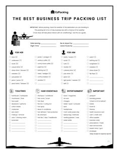 the best business trip packing list is in black and white, with an airplane flying over it