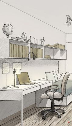 a drawing of a room with a desk, chair and bookshelf on the wall