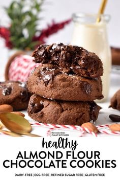 chocolate cookies stacked on top of each other with the text healthy almond flour chocolate cookies