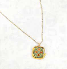 "Catalina Pottery, Spanish, Mexican & Mediterranean tile work inspired this jewelry series.  I am lucky enough to be surrounded by it where I live here on Catalina Island!  The pendant is 14k gold plated brass with my original tile design and a thick coat of shiny resin on top. The pendant hangs on a delicate, satin, gold plated brass, chain and it fastens with a lobster claw clasp. This necklace is available in 16\", 18\" and 20\" lengths" Bohemian Gold Enamel Necklace, Gold Enamel Bohemian Necklace, Gold Bohemian Enamel Necklace, Bohemian Multicolor Enamel Necklaces, Bohemian Multicolor Enamel Necklace, Red Handmade Enamel Necklaces, Handmade Red Enamel Necklaces, Handmade Red Enamel Necklace, Turquoise Necklace With Detachable Pendant