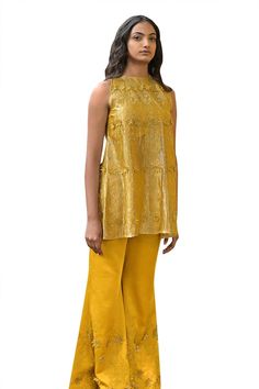 Yellow kurta with thread cutwork hand embroidery. Comes with pant and a padded bustier. - Aza Fashions Chic Festive Sets With Resham Embroidery, Silk Sharara With Resham Embroidery Sleeveless, Elegant Fitted Palazzo Set With Gold Embroidery, Elegant Sleeveless Set With Intricate Embroidery, Elegant Sleeveless Sets With Intricate Embroidery, Elegant Sleeveless Sets For Eid, Elegant Chikankari Embroidered Palazzo Set, Sleeveless Sharara With Chikankari Embroidery For Party, Gold Embroidered Palazzo Set