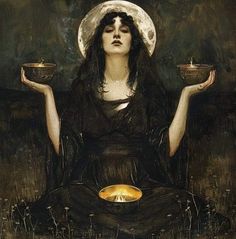 a painting of a woman holding three bowls in her hands with the moon above her head