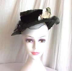 Hat measures 10" in diameter, brim is 3.5" wide at widest point and height of crown is 4". This sits atop the head and has an elastic band that goes under your hair in the back to hold the hat on so it's basically one size fits all. Fabric is faux straw with fabric rose and velvet ribbon. No label. Excellent condition with no damage. True colors are black, white and green.  **US shipping is priority mail (unless priced $7 or under--that will be first class) and international shipping is first class international (under 4 pounds) or international priority mail (over 4 pounds).  **Merchandise shipped within two business days of receipt of payment.   **I will accept returns but please email within 2 days of receipt of purchase if you have a problem with your purchase and please ship within on 1940s Hats, Fabric Rose, Women Hat, Be First, Fabric Roses, Victorian Women, Velvet Ribbon, Elastic Band, True Colors