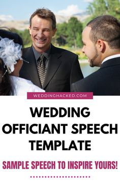 the wedding officiant speech template is shown with two men talking to each other