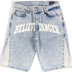 Believe Danger Oversized Men's Denim Shorts - STREETMODE ™ Denim Blue Letter Print Bottoms, Denim Blue Bottoms With Letter Print, Denim Blue Letter Print Denim Bottoms, Summer Denim Bottoms With Letter Print, Denim Blue Five Pocket Shorts For Streetwear, Medium Wash Denim Bottoms With Letter Print, Blue Cotton Jean Shorts For Streetwear, Streetwear Short Length Jean Shorts With Five Pockets, Medium Wash Straight Leg Streetwear Shorts